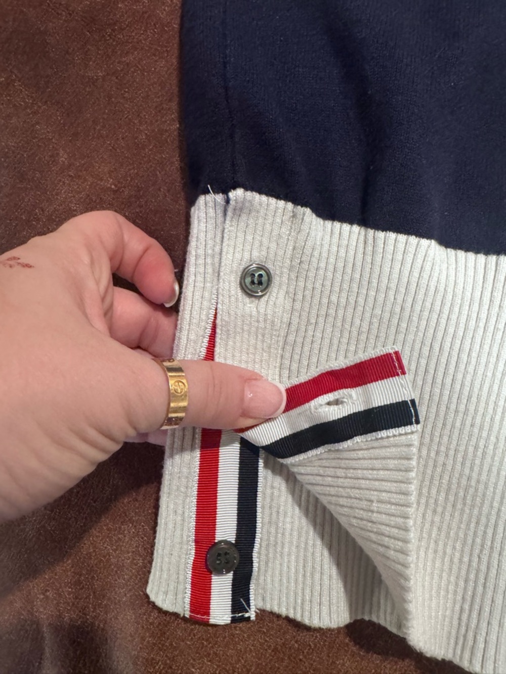 Thom Browne Milano Colorblock Crewneck Sweater - Navy, Gray & Cream - Picture 8 of 11